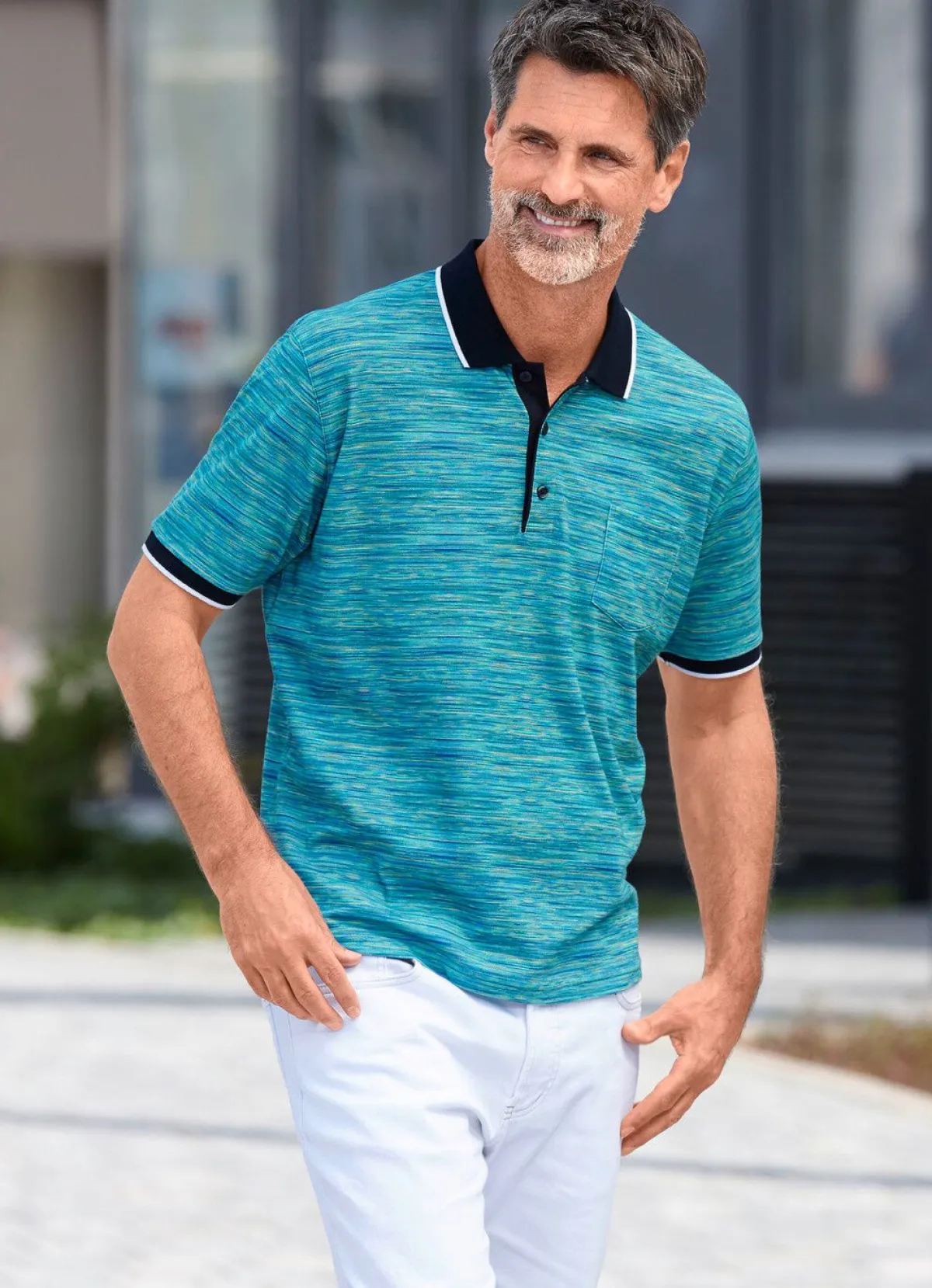 BADER Poloshirt mit Brusttasche TÜRKIS-GELB MELIERT
