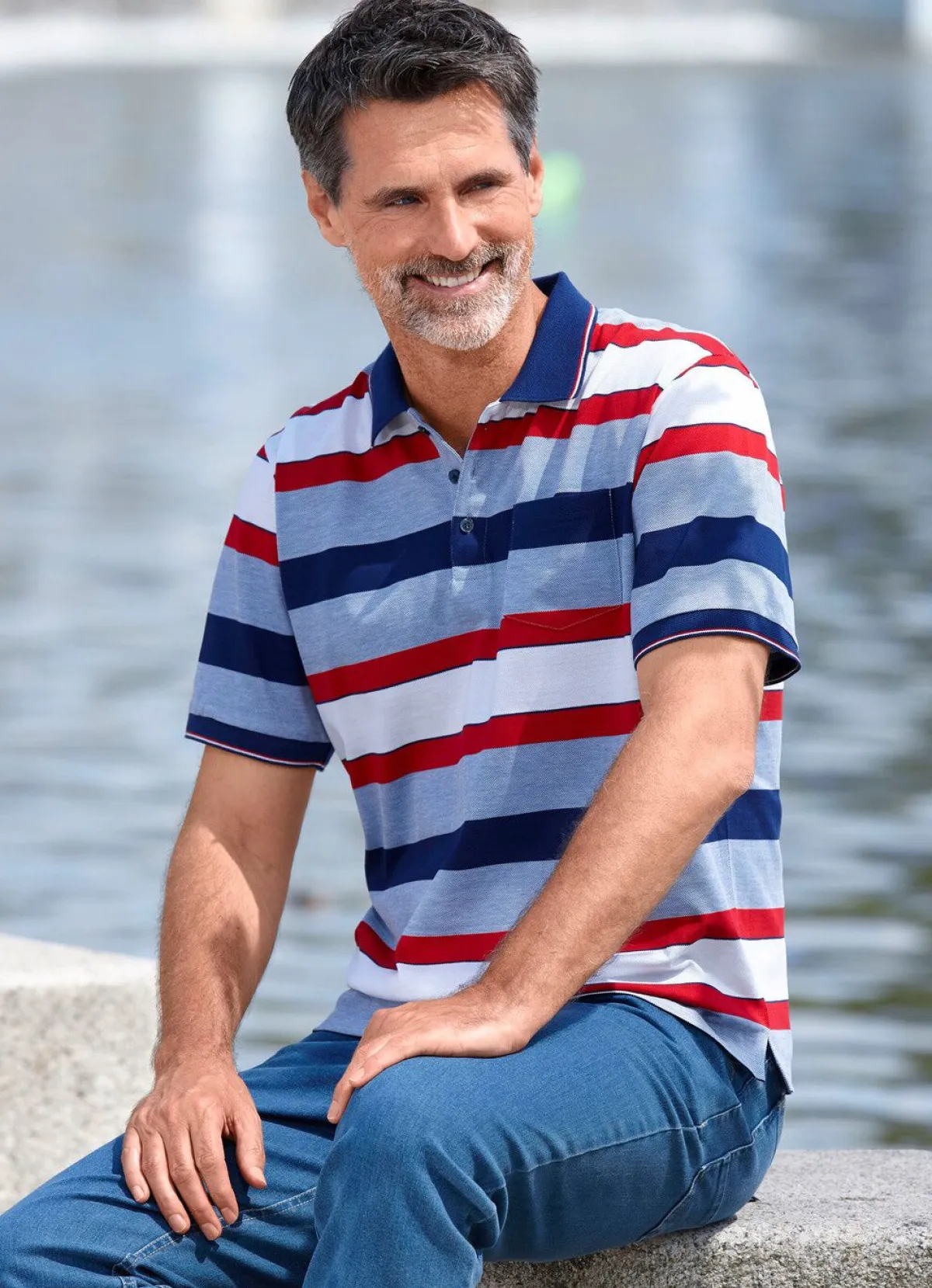 BADER Poloshirt mit Brusttasche HELLBLAU-MARINE-WEISS-ROT