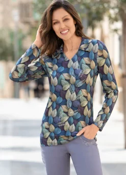 Hot BADER Poloshirt mit farbbrillantem Alloverdruck BLAU-AMETHYST-TAUPE