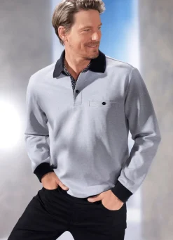 New BADER Poloshirt mit Kontrastblende HELLGRAU MELIERT-SCHWARZ