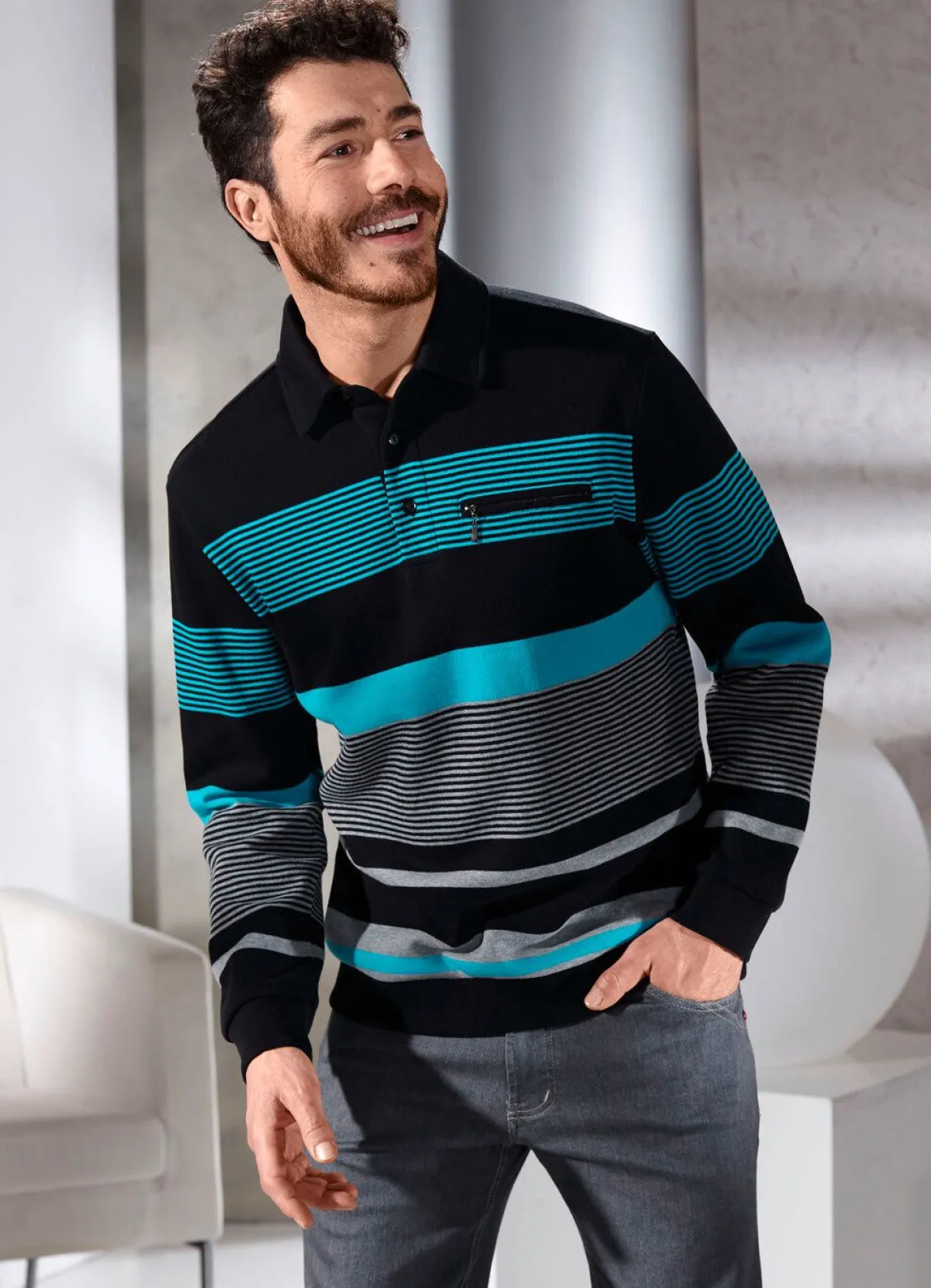 Discount BADER Poloshirt mit kurzer Knopfleiste SCHWARZ-TÜRKIS-GRAU MELIERT