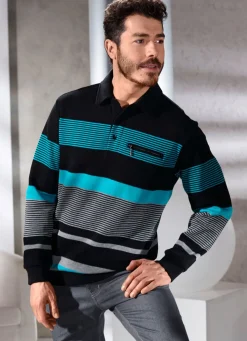 Discount BADER Poloshirt mit kurzer Knopfleiste SCHWARZ-TÜRKIS-GRAU MELIERT