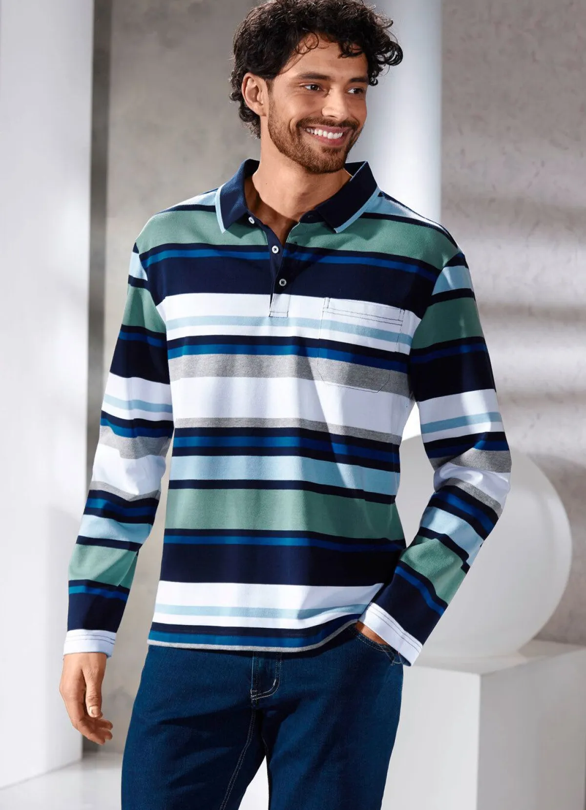 Online BADER Poloshirt mit Seitenschlitzen JADEGRÜN-MARINE-WEISS