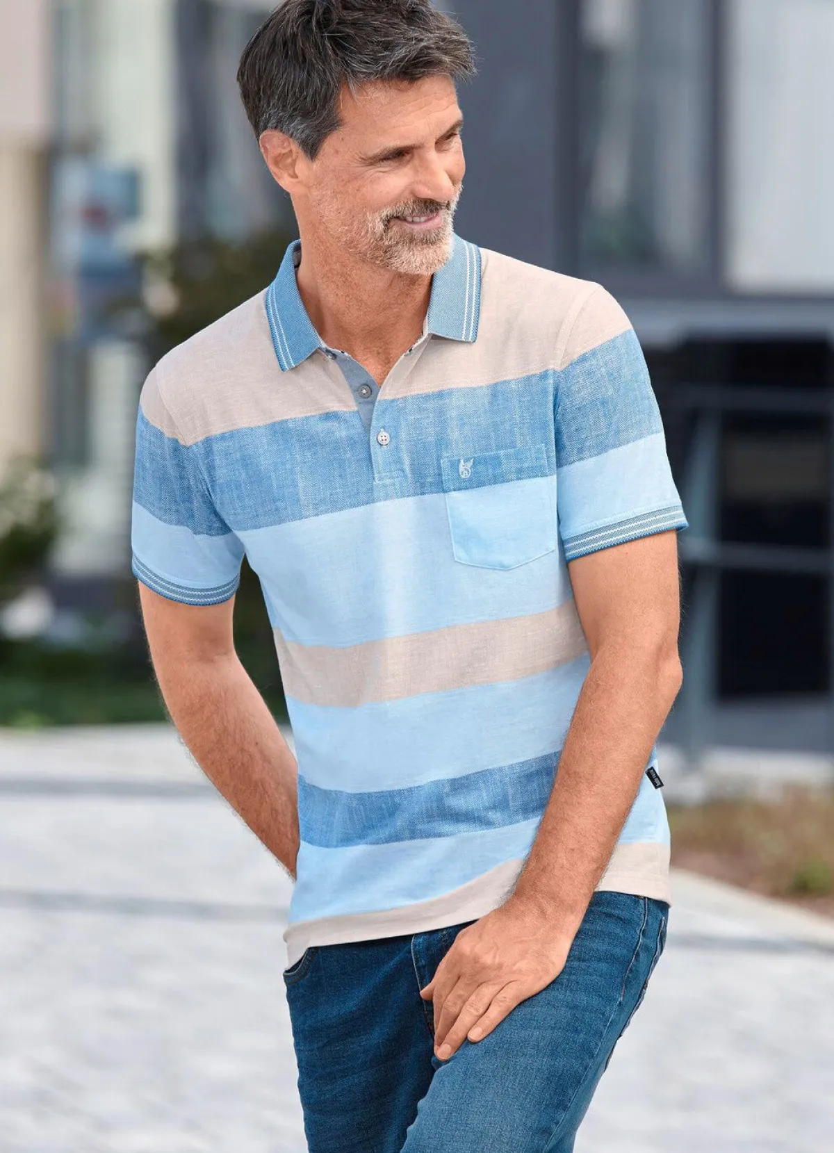 Best BADER Poloshirt von „Hajo“ BEIGE-JEANSBLAU-HELLBLAU