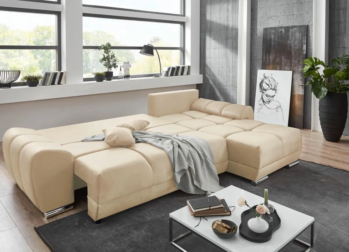Discount BADER Polsterecke mit Bettfunktion und Bettkasten CREME