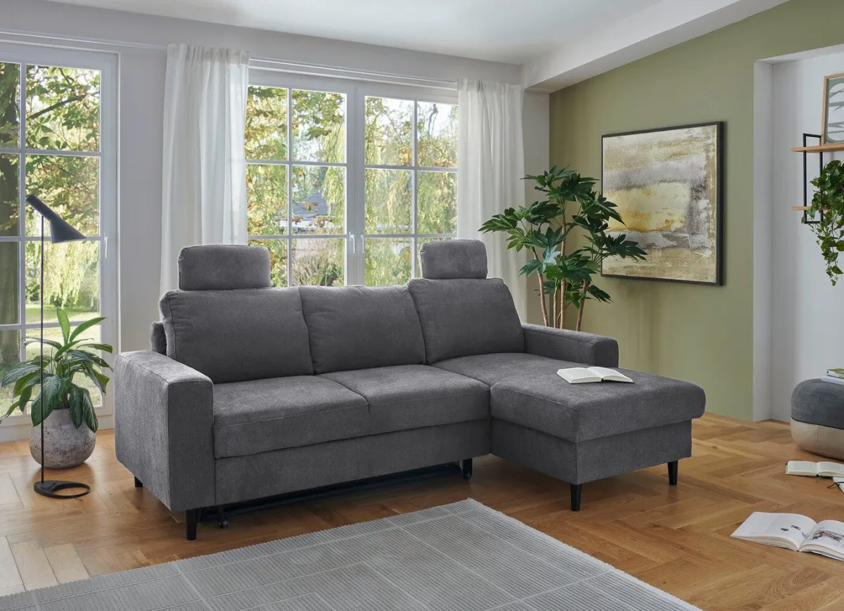 Hot BADER Polsterecke mit Bettfunktion und Longchair ANTHRAZIT
