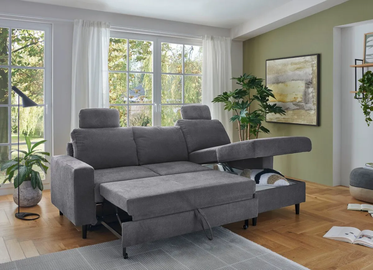 Hot BADER Polsterecke mit Bettfunktion und Longchair ANTHRAZIT