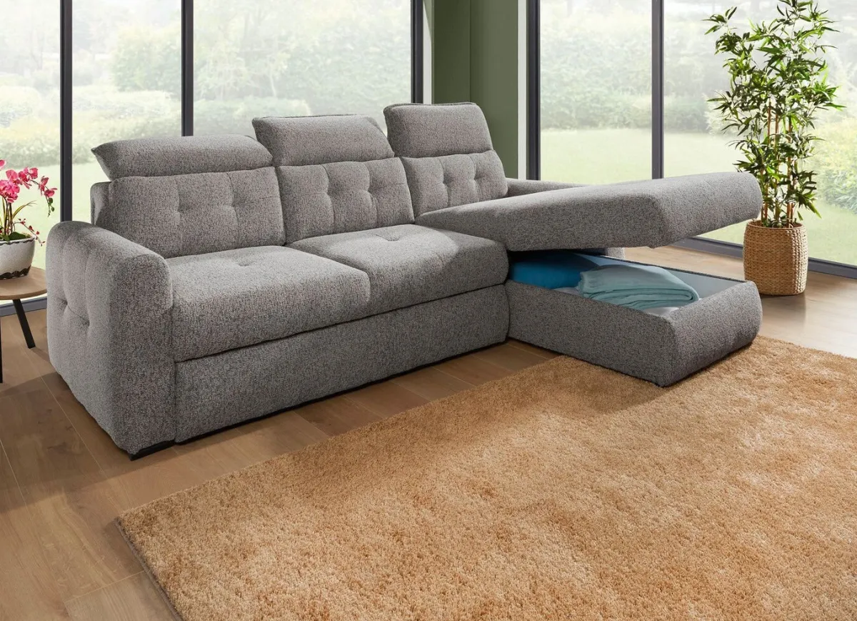 New BADER Polsterecke mit Bettfunktion und Bettkasten GRAU