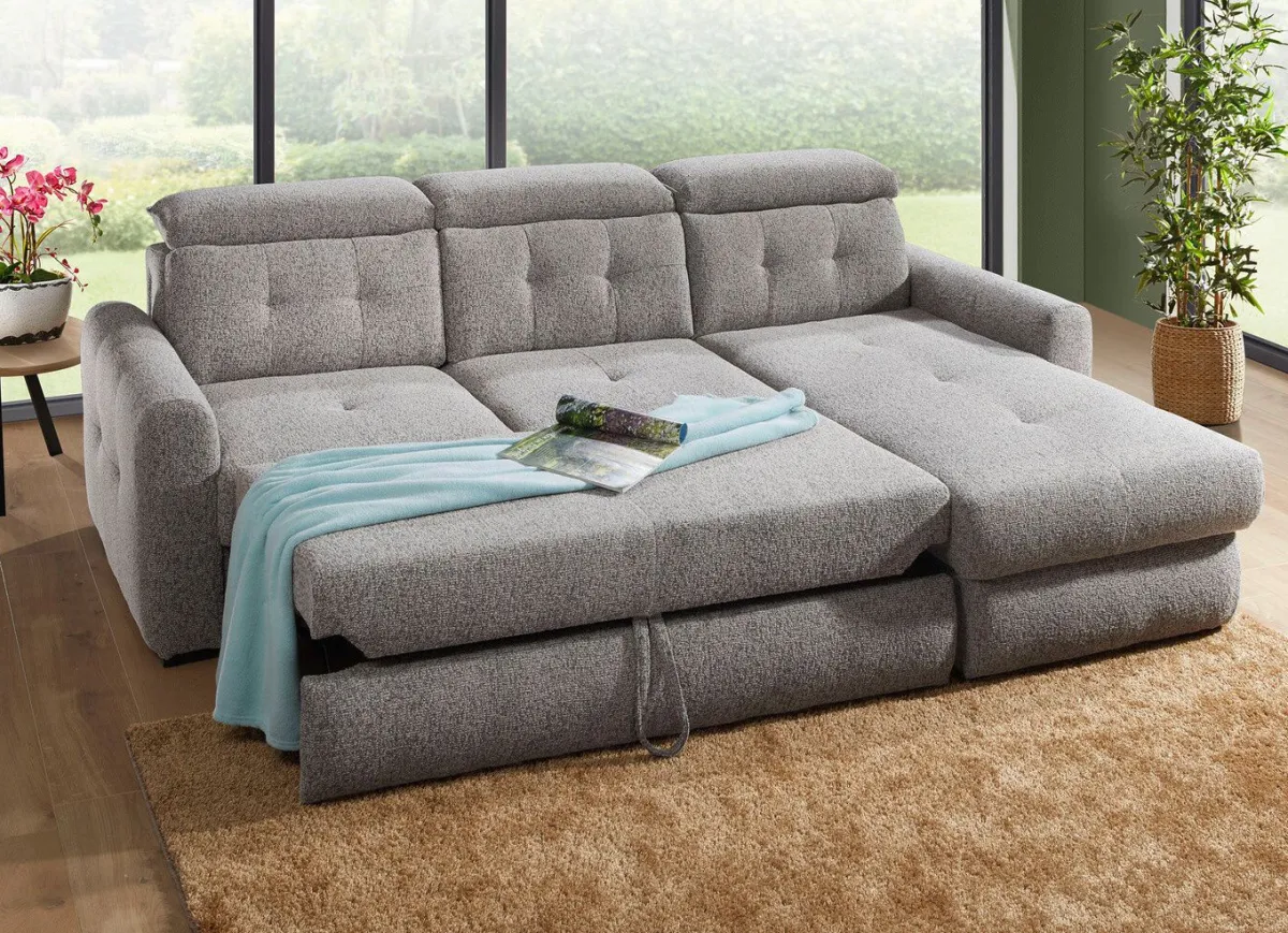 New BADER Polsterecke mit Bettfunktion und Bettkasten GRAU