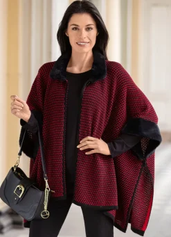Outlet BADER Poncho mit Kunstpelzbesätzen SCHWARZ-ROT