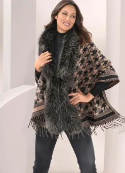 Clearance BADER Poncho mit trendstarkem Hahnentritt-Dessin CAMEL-SCHWARZ