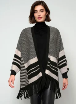 BADER Poncho-Strickjacke in Jacquard-Dessin SAND MELIERT-SCHWARZ