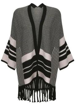 BADER Poncho-Strickjacke in Jacquard-Dessin SAND MELIERT-SCHWARZ