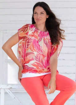 BADER Poncho-Tunika mit eingearbeitetem Top KORALLE-WEISS-PINK-BUNT