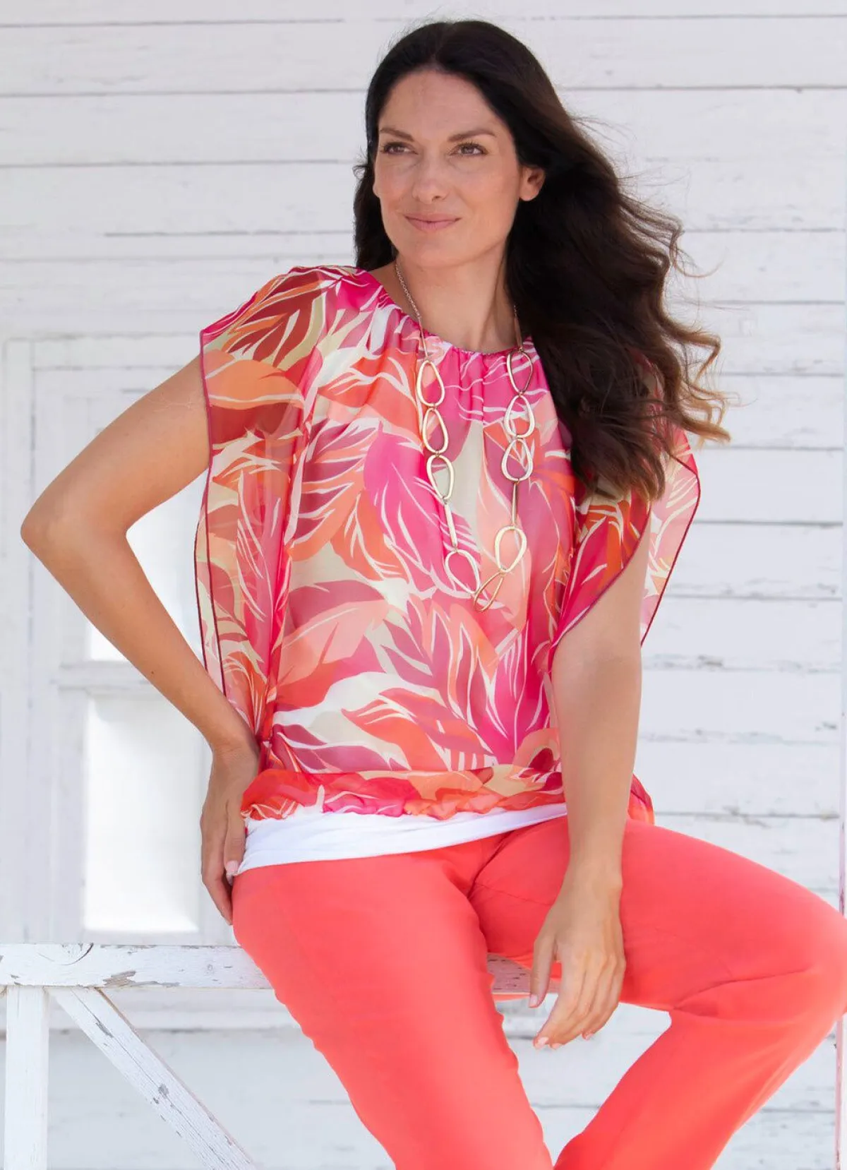 BADER Poncho-Tunika mit eingearbeitetem Top KORALLE-WEISS-PINK-BUNT
