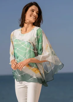 Outlet BADER Poncho-Tunika mit eingearbeitetem Trägershirt GRÜN-ECRU-GELB