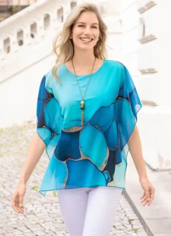 Hot BADER Poncho-Tunika mit eingearbeitetem Top TÜRKIS-PETROL-GOLD-BUNT
