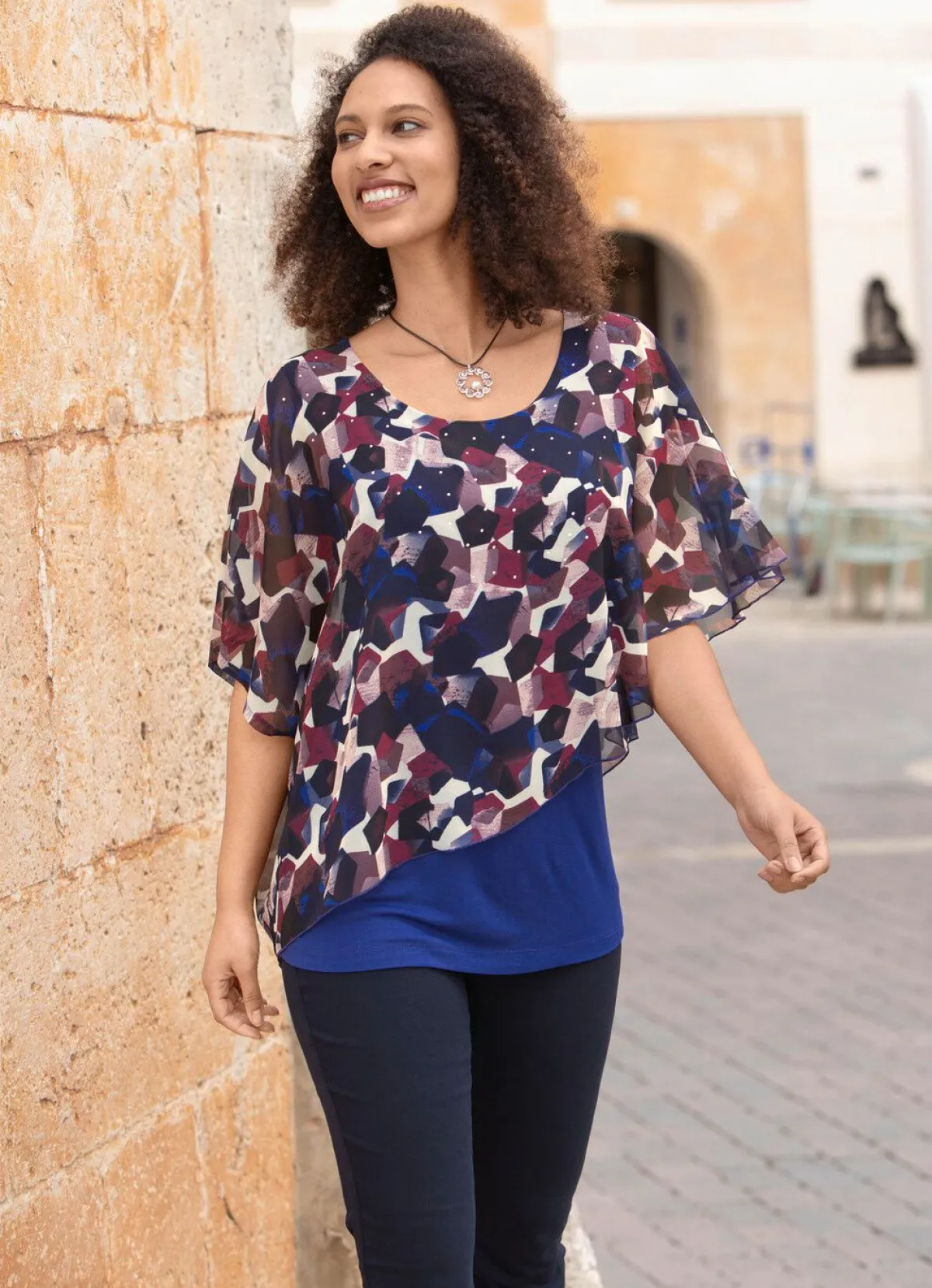 Sale BADER Poncho-Tunika mit tollem Druck ROYALBLAU-MARINE-BORDEAUX-BUNT