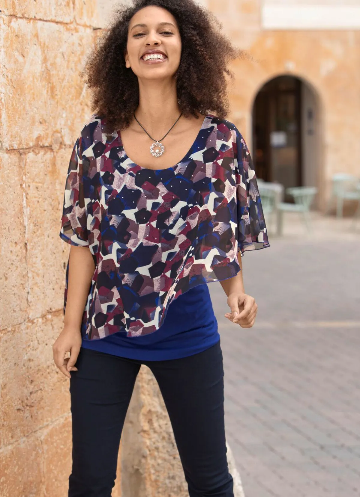 Sale BADER Poncho-Tunika mit tollem Druck ROYALBLAU-MARINE-BORDEAUX-BUNT