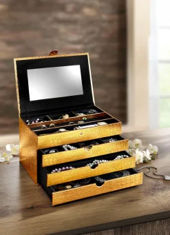 Discount BADER Praktischer Schmuckkoffer aus Lederimitat in Kroko-Optik ALTGOLD