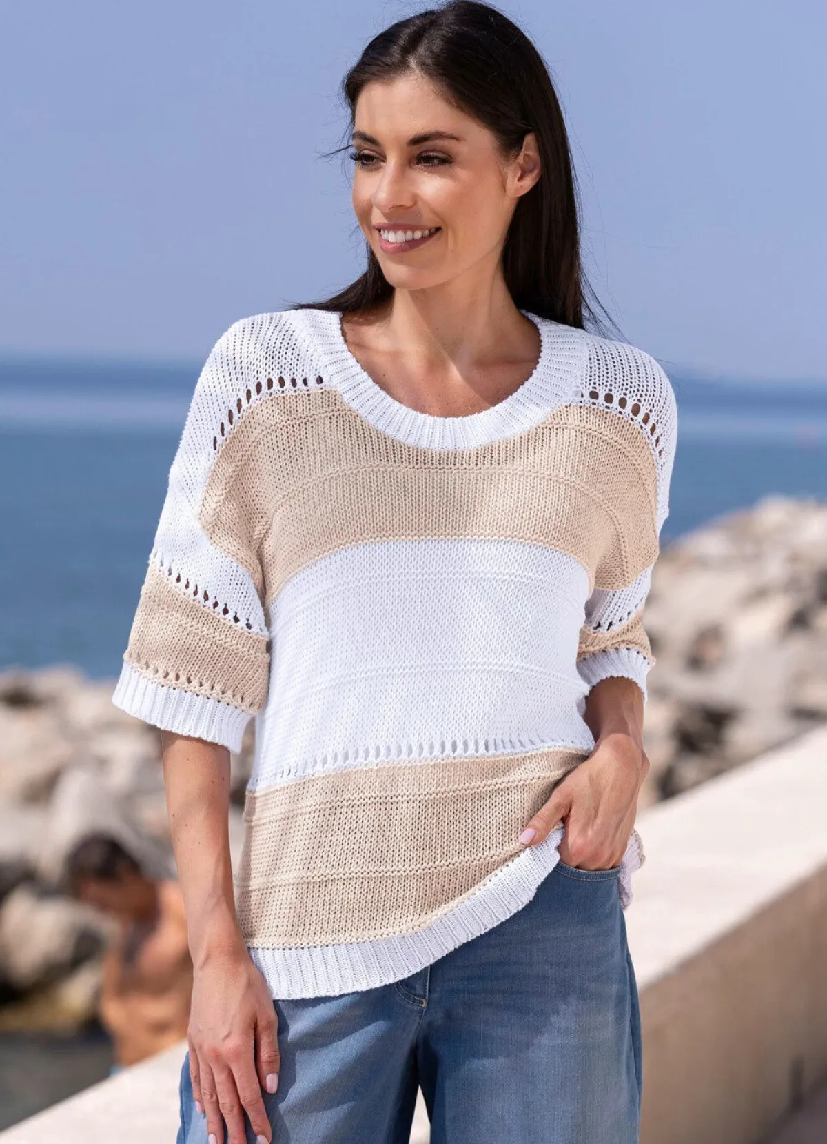 Discount BADER Pulli in Color-Blocking BEIGE-WEISS