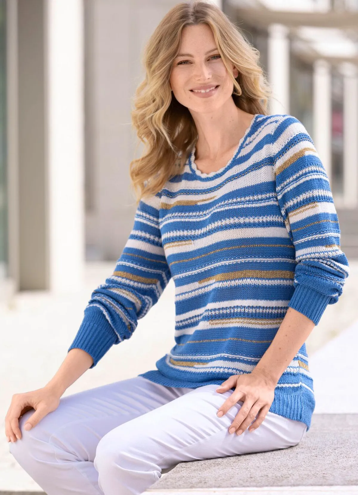 Outlet BADER Pullover aus Bändchengarn BLAU-ECRU