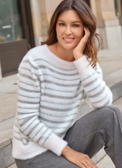 BADER Pullover aus haarigem Effektgarn mit Glitzer ECRU-GRAU-SILBERFARBEN