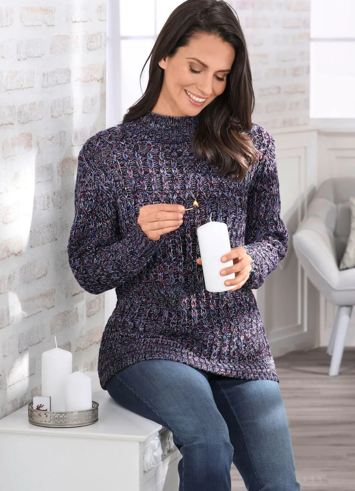 Discount BADER Pullover in aufwendiger Melange-Optik MARINE-MULTICOLOR