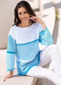 Hot BADER Pullover in Color-Blocking AZURBLAU-TÜRKIS-WEISS
