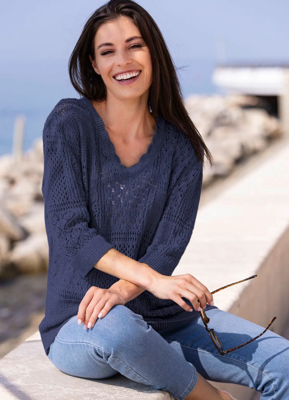 Best BADER Pullover in Feinbouclé MARINE
