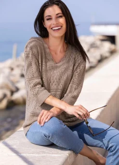 Discount BADER Pullover in Feinbouclé TAUPE MELIERT
