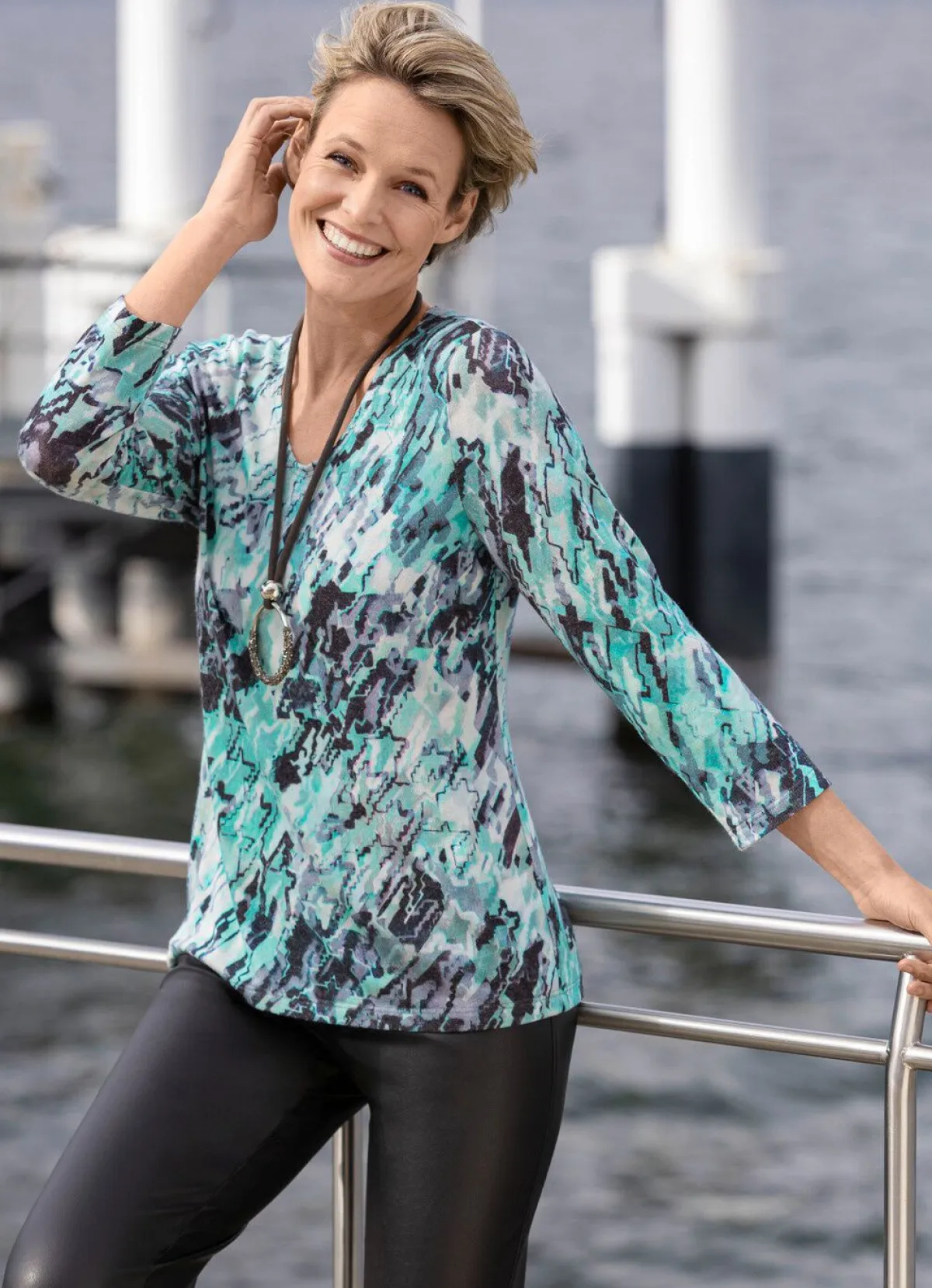 Online KLAUS MODELLE MADE IN GERMANY Pullover in Feinstrick TÜRKIS-SCHWARZ-MULTICOLOR