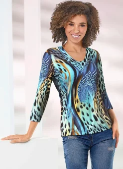 New KLAUS MODELLE MADE IN GERMANY Pullover in Feinstrick TÜRKIS-CAMEL-MULTICOLOR