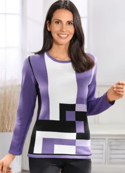 BADER Pullover in Feinstrick LILA-SCHWARZ-ECRU