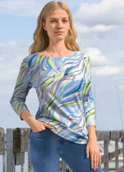 Clearance KLAUS MODELLE MADE IN GERMANY Pullover in Feinstrick mit Alloverdruck ECRU-BLAU-MULTICOLOR