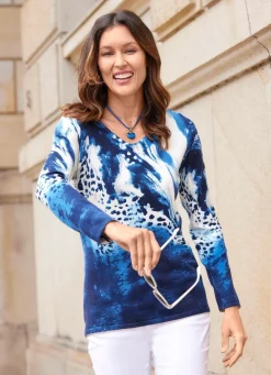 Hot BADER Pullover in Feinstrick mit Tierfellmuster BLAU-WEISS-GRAU