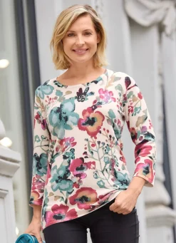 Hot BADER Pullover in Feinstrick mit Floraldessin CREME-JADEGRÜN-MULTICOLOR