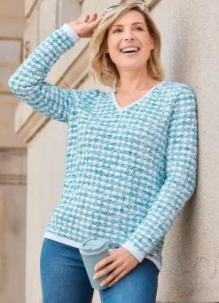Outlet BADER Pullover in Garnmix mit Federgarn WEISS-TÜRKIS