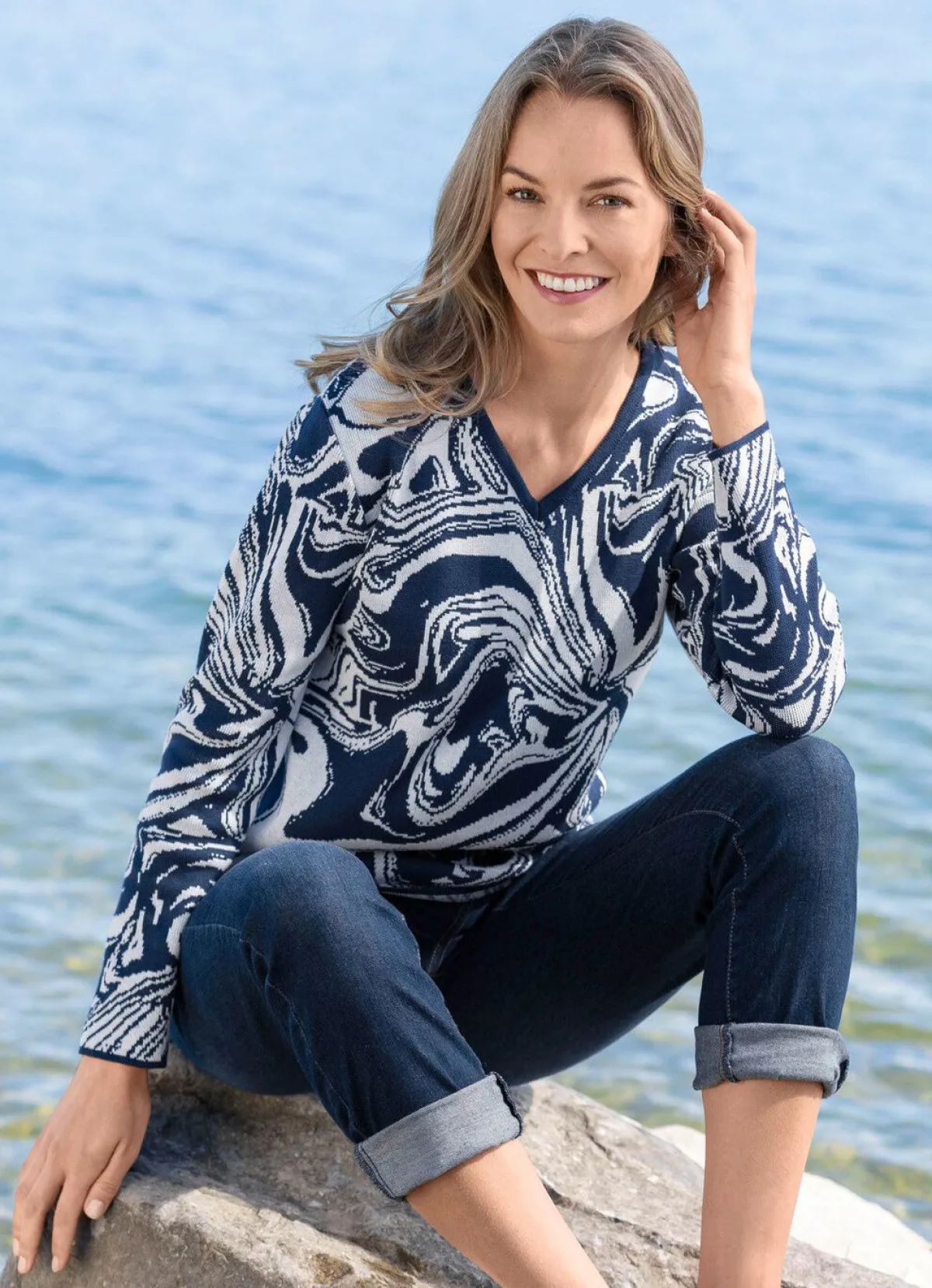 Hot BADER Pullover in Jacquard-Dessin DUNKELBLAU-WOLLWEISS