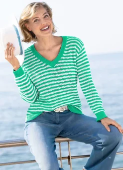 Sale BADER Pullover in Ringeldessin GRÜN-ECRU