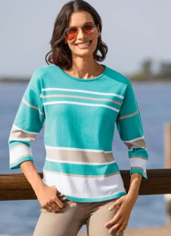 Hot BADER Pullover in Ringelmuster TÜRKIS-WEISS-BEIGE
