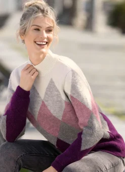 New BADER Pullover in sehr flauschiger Qualität BEERE-GRAU-ECRU