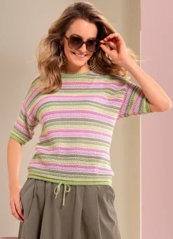 Sale BADER Pullover in tollem Streifendessin LINDGRÜN-ORCHIDEE-LIMONE-BUNT