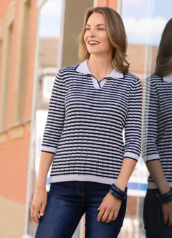 Sale BADER Pullover mit Ajoureffekten im Ringelmuster MARINE-ECRU