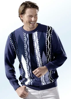 Sale BADER Pullover mit aufwendigem Intarsien-Dessin BLAU MELIERT-PETROL-WEISS-NACHTBLAU