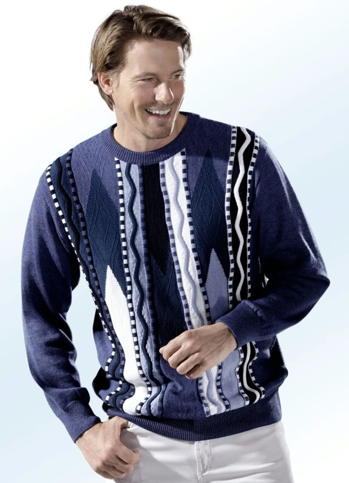 Sale BADER Pullover mit aufwendigem Intarsien-Dessin BLAU MELIERT-PETROL-WEISS-NACHTBLAU