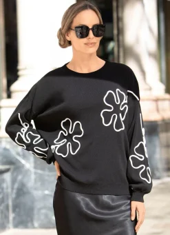 Clearance Tizia Pullover mit aufwendigen Blütenapplikationen SCHWARZ-WEISS
