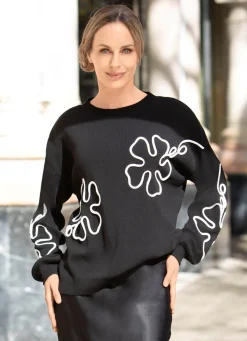 Clearance Tizia Pullover mit aufwendigen Blütenapplikationen SCHWARZ-WEISS