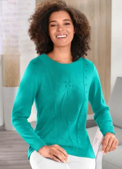 Hot BADER Pullover mit aufwendiger Strukturblüte SMARAGDGRÜN