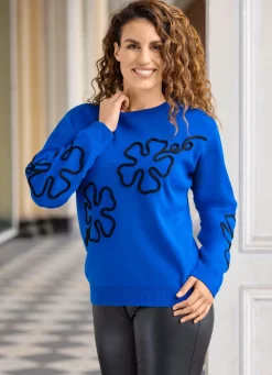 Sale BADER Pullover mit Blütenapplikationen ROYALBLAU-SCHWARZ